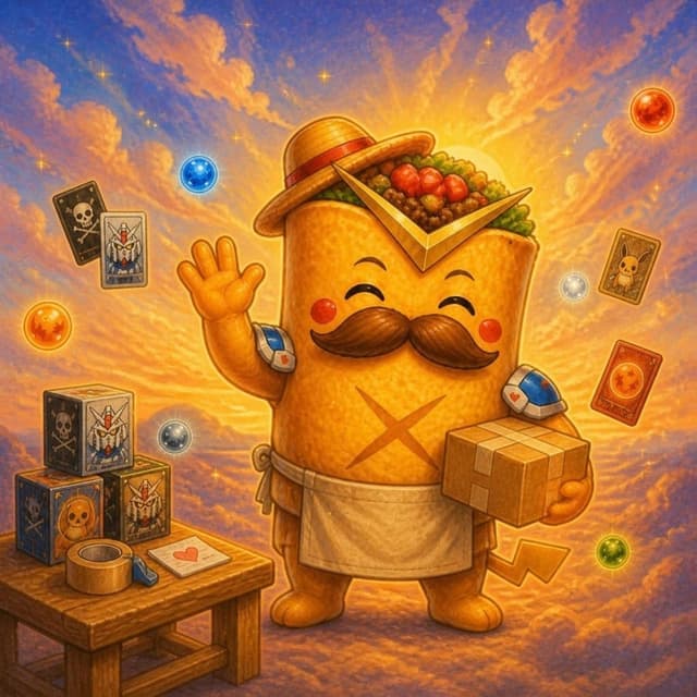 The Burrito Games burrito waving hello in an apron, with a parcel ready to ship and trading cards floating around